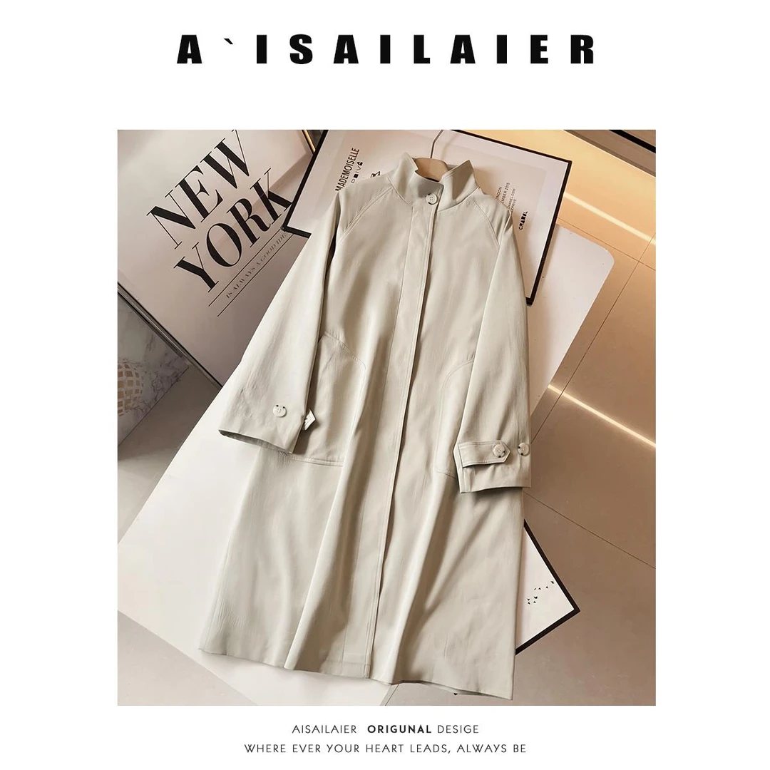 时尚慵懒感纯棉风衣女2025年春夏新款女装宽松休闲加长款立领外套