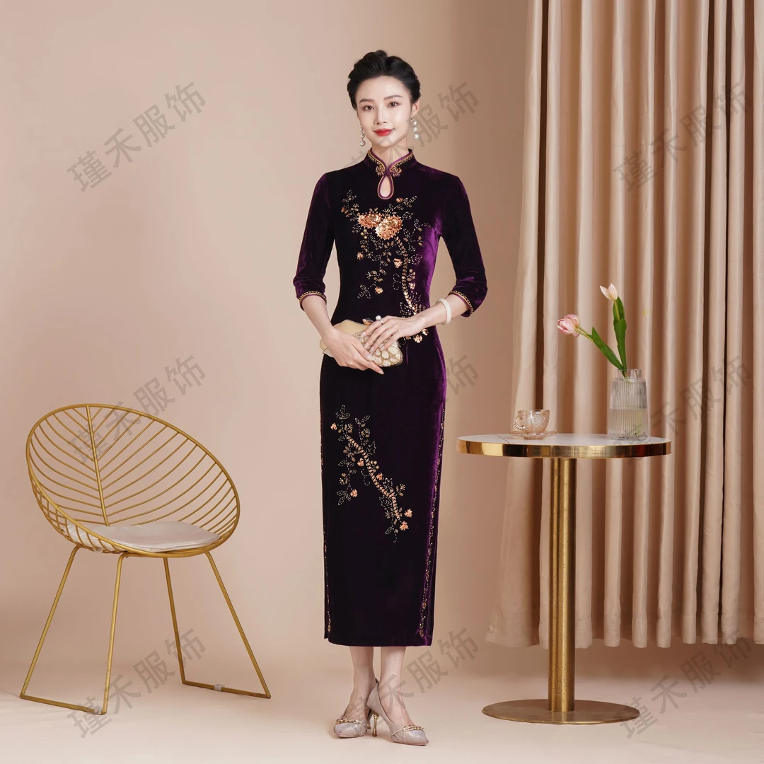 【多色】新款气质喜婆婆喜妈妈2025长款大码中老年走秀修身婚宴礼服
