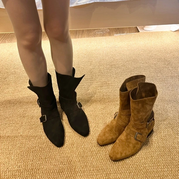 【豆豆】2025秋季新款复古绒面卡其色西部牛仔靴短靴女鞋单靴711