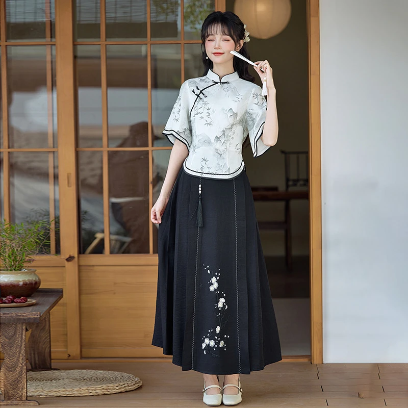 夏季新款少女两件套人棉印花人棉绣花裙子文艺中国风套装气质中式