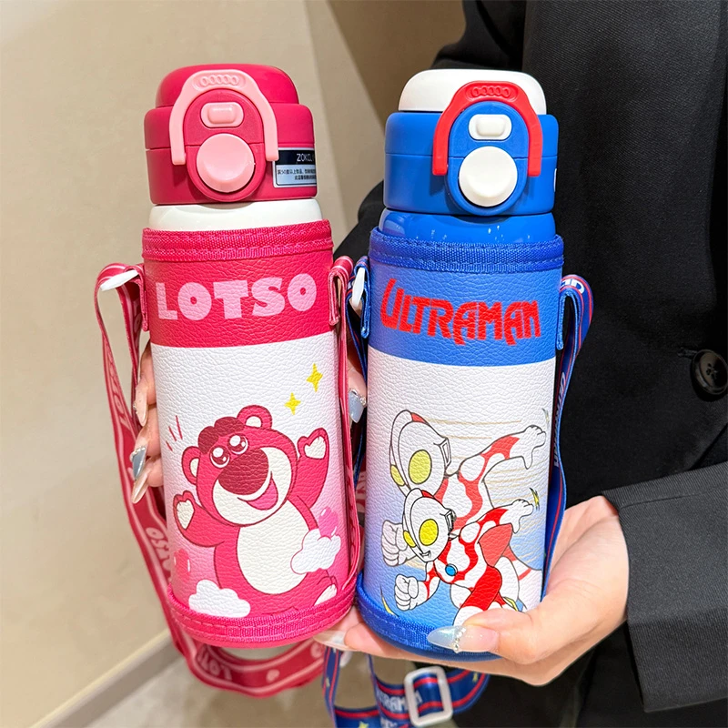 奥特曼保温杯男孩水杯儿童学生上学专用草莓熊杯子女孩带杯套防摔