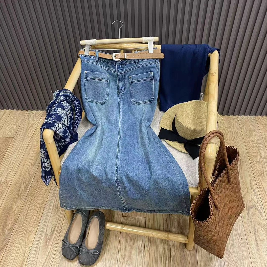 高腰牛仔半身裙复古百搭休闲后开叉中长款包臀裙女Q1629