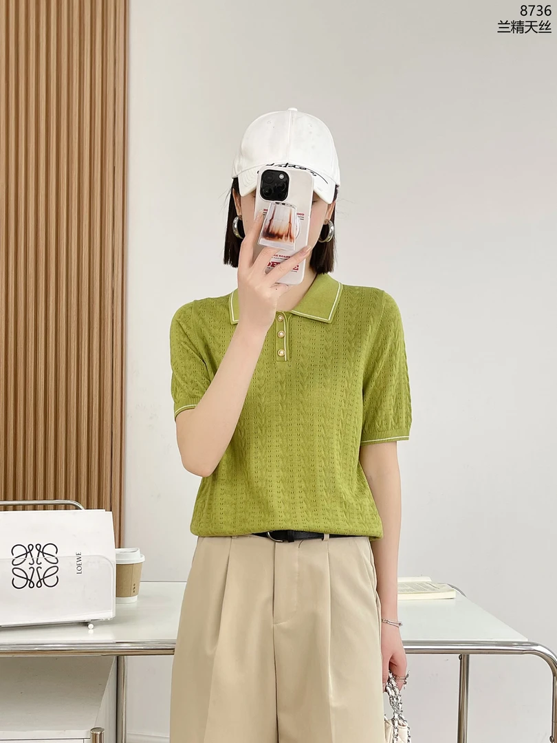 短袖t恤女纯色夏装翻领上衣镂空2025针织妈妈中老年女装