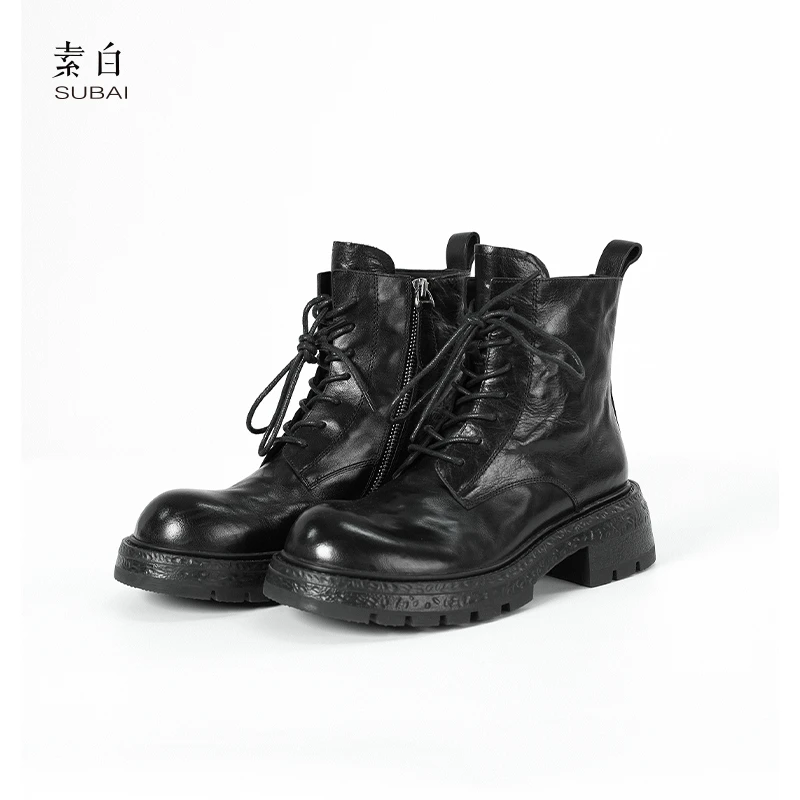 素白系带粗跟厚底马丁短靴802823