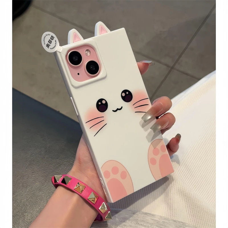 奥菲顿呆萌小猫粉白耳朵适用苹果16/15promax冰晶方块14/13手机壳