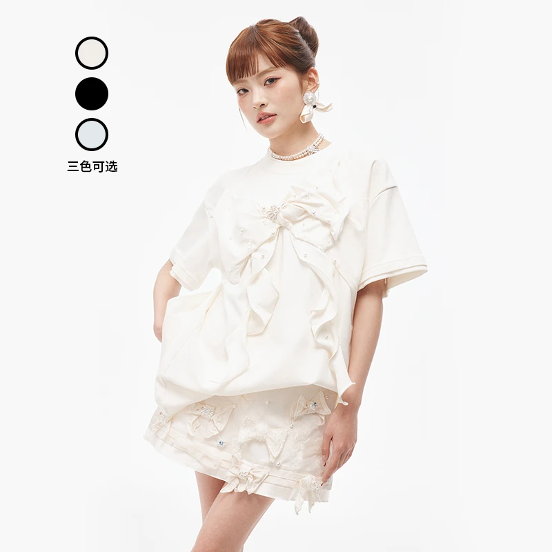 LE FAME/拉飞姆2025夏季新品蝴蝶结T恤短袖上衣女穿搭