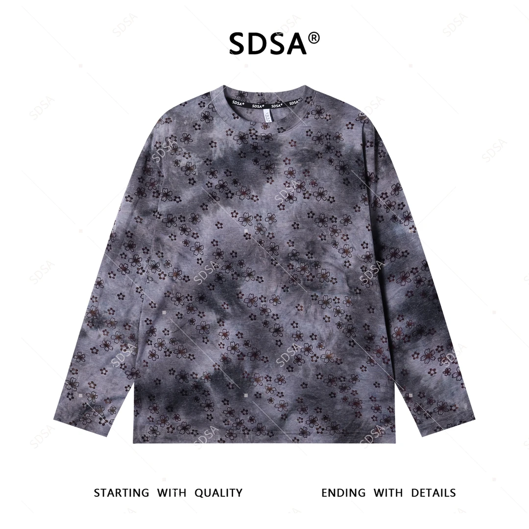 SDSA男士2025新款轻奢痞帅男装扎染花朵印花圆领长袖T恤时尚网红