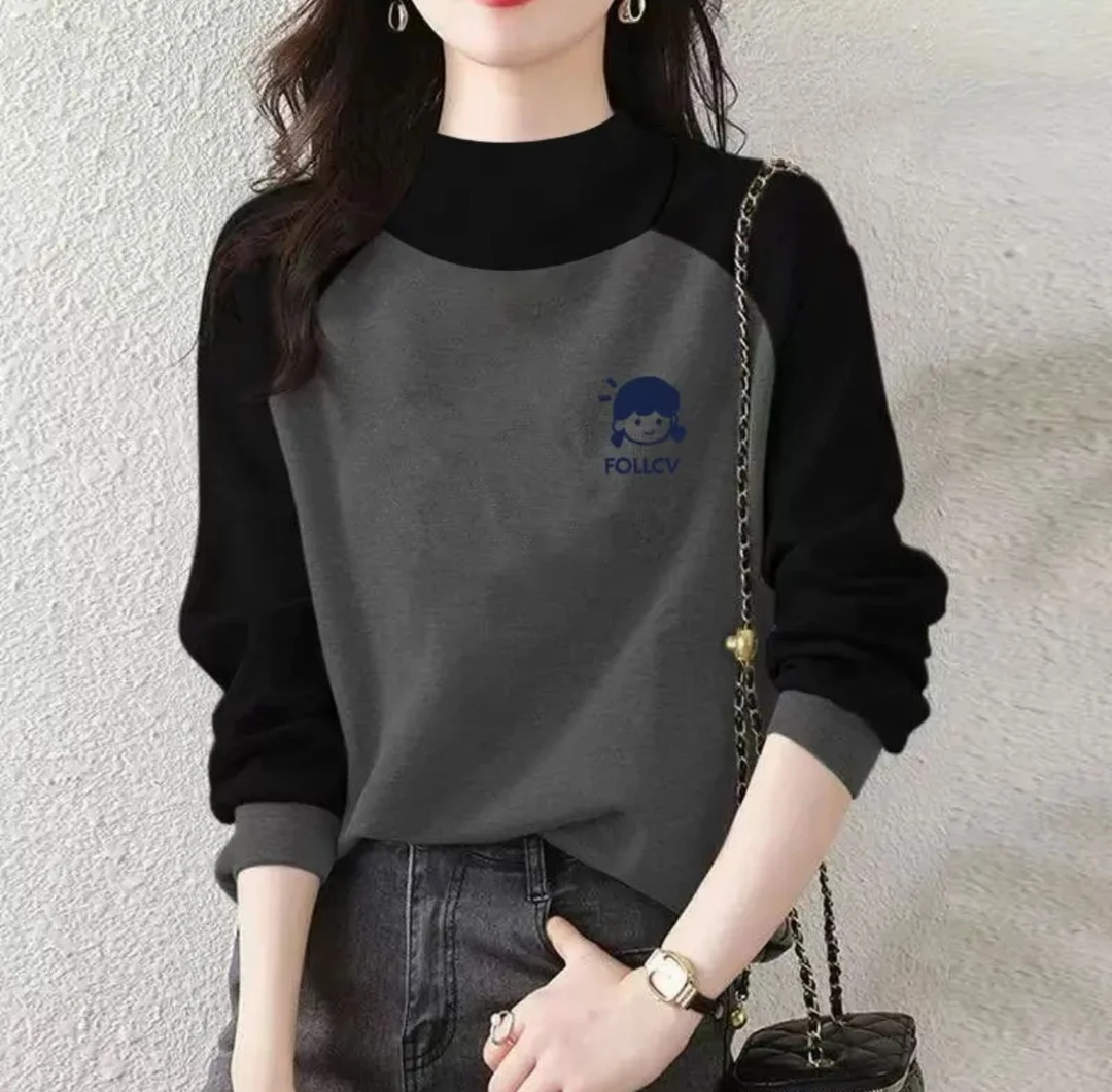 舒适柔软德绒保暖半高领拼接撞色字母印花女装秋冬长袖打底衫上衣