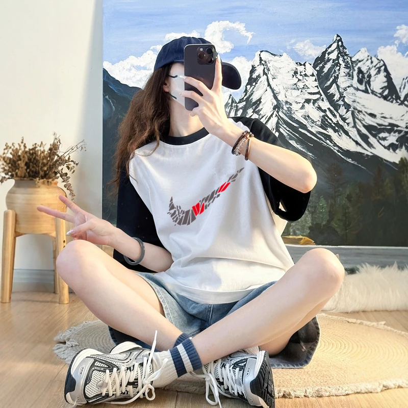 官方正品奥特莱斯2025新款男女短袖夏季ins情侣插肩撞色打底上衣