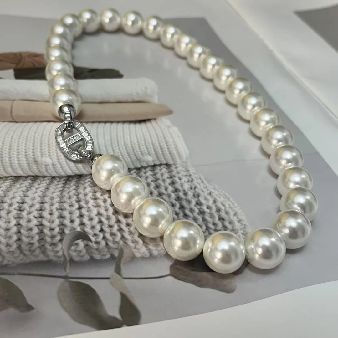 【温温】14mm冷白正圆OT方扣气质百搭项链 贝珠