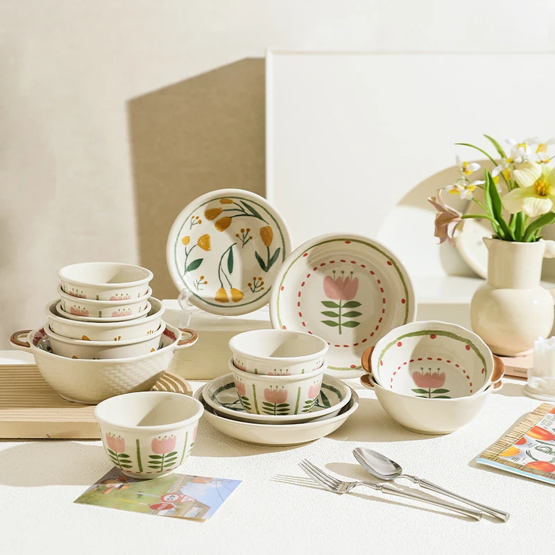 舍里清新釉下彩米饭碗特别好看的餐具双耳碗家用2025新款吃饭碗盘