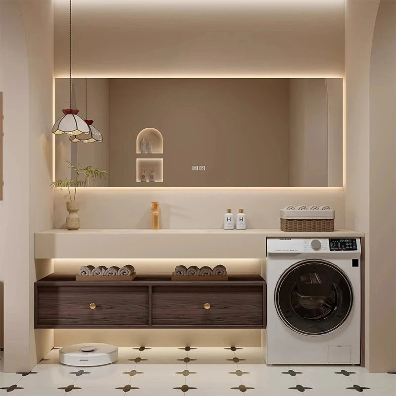 阳台洗衣机一体柜岩板热弯浴室柜组合卫生间洗手盆洗漱台高端定制