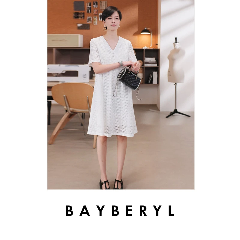 BAYBERYL老贝巴厘岛*白色镂空V领短袖优雅夏连衣裙DR5F0601-6/21