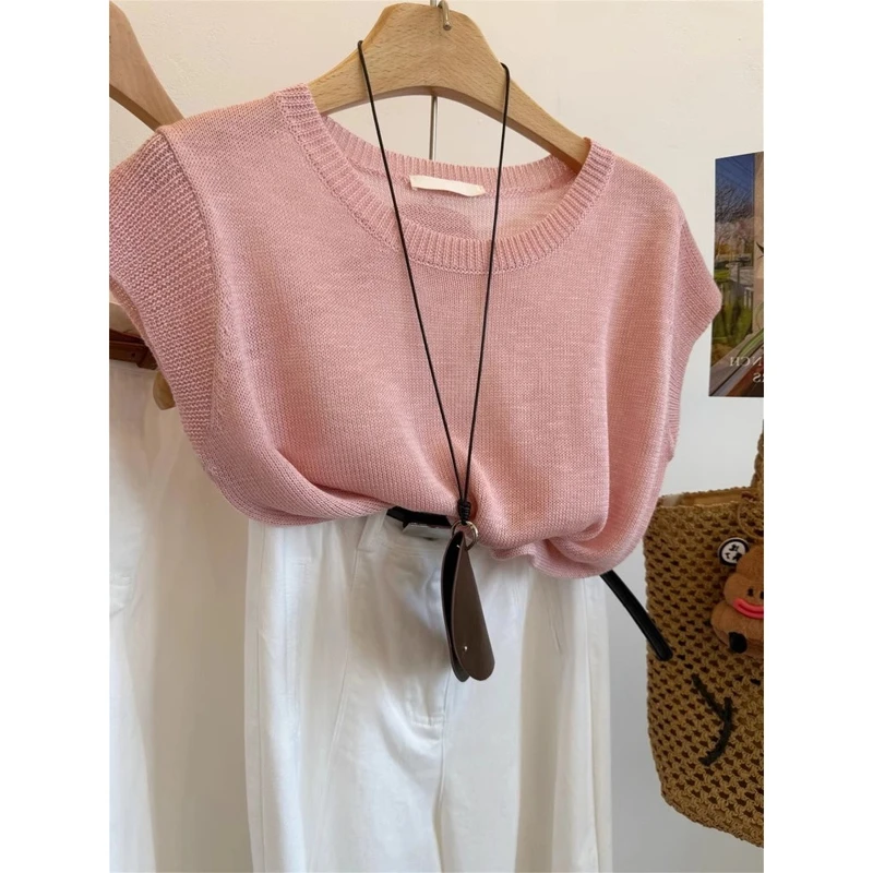 韩版简约冰丝圆领凉感针织短袖T恤女夏季时尚百搭短款显瘦上衣薄