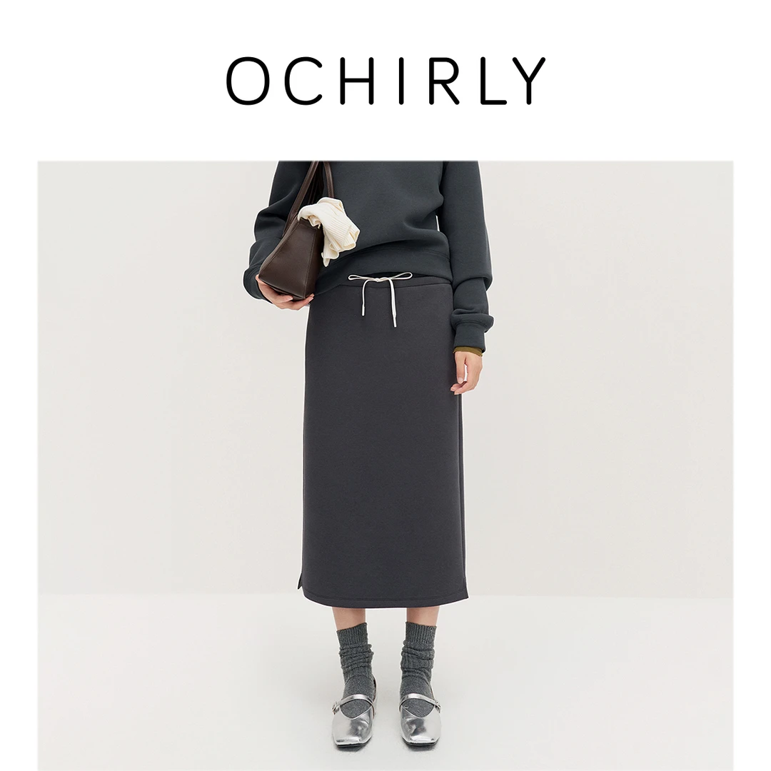 OCHIRLY欧时力 空气层中长半身裙系带通勤休闲运动风秋冬新品