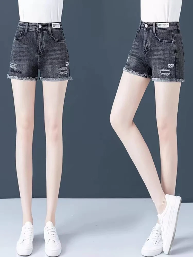 001#字母款毛边牛仔短裤女时尚休闲百搭高腰显瘦韩版夏季