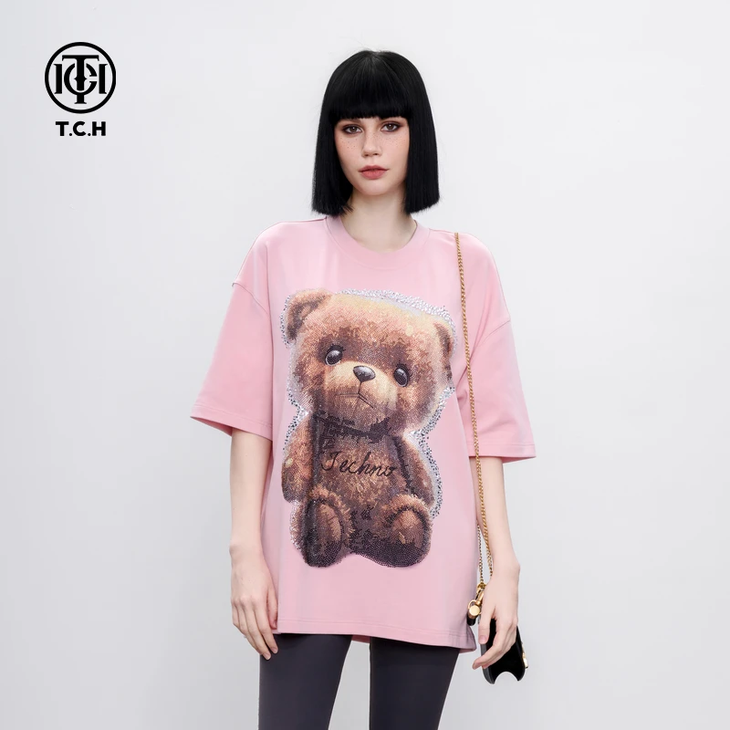TCH 潮牌卡通小熊烫钻休闲时尚百搭圆领短袖T恤男女2025春夏新款