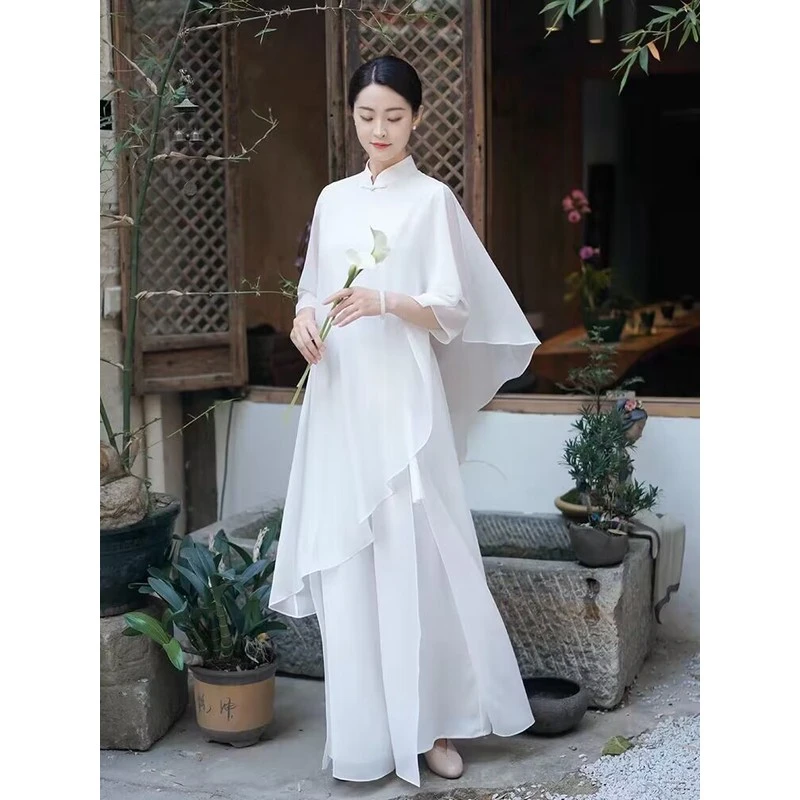 初蝉复古茶服2025女装中式新款春夏季禅意仙气中国风白色套装上衣