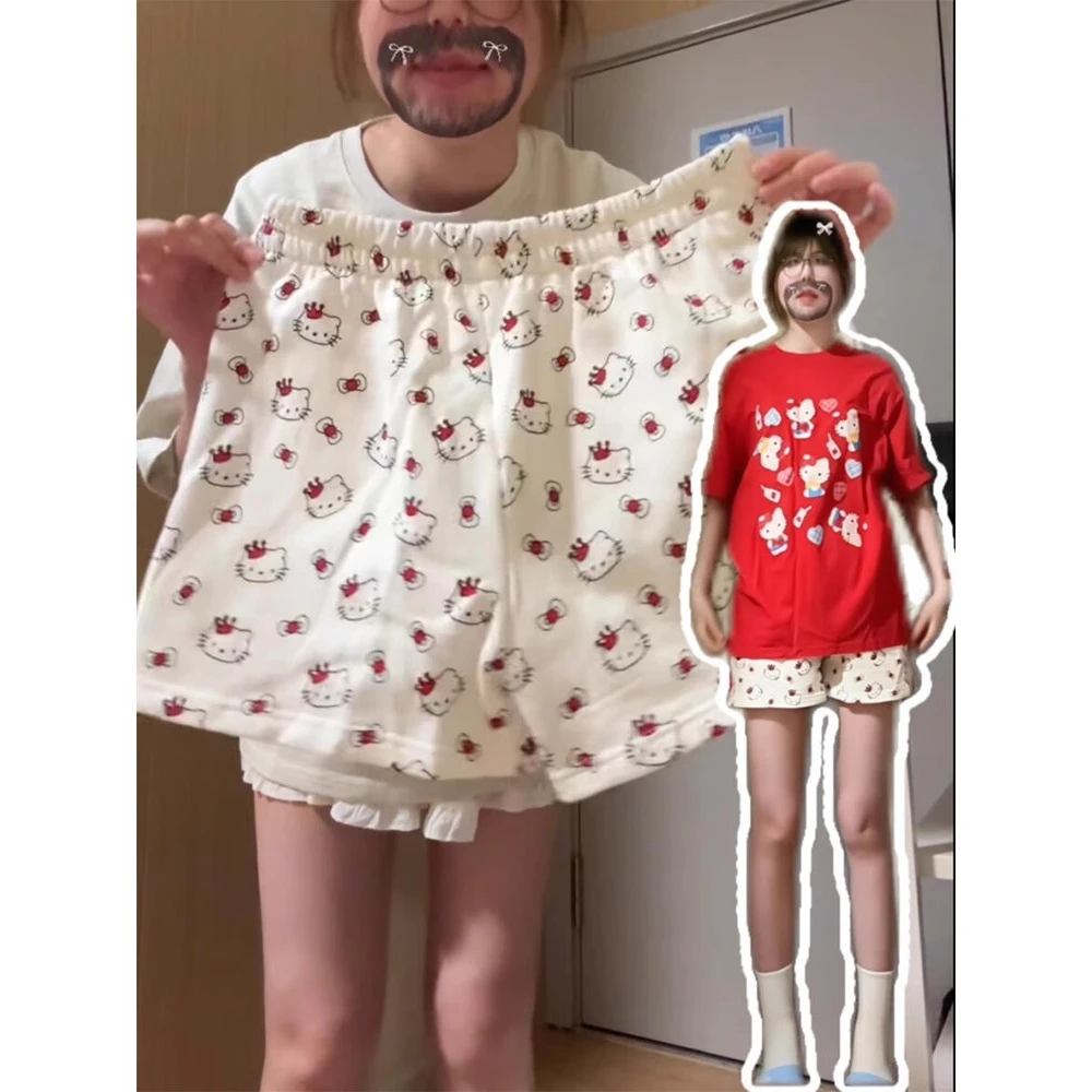 卡通可爱kitty猫咪印花休闲运动短裤女2025新款夏季宽松阔腿裤子
