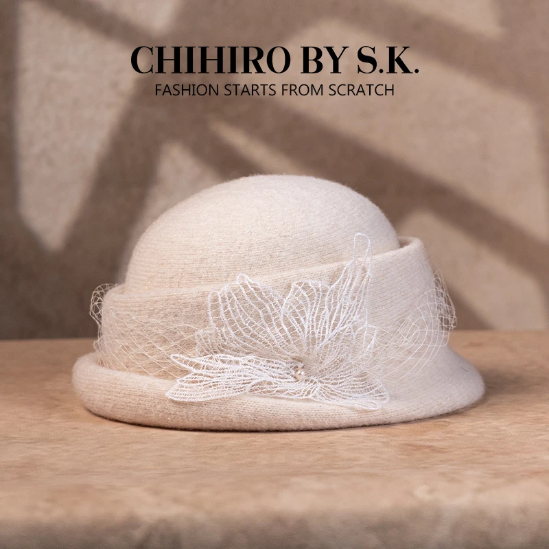 CHIHIRO BY S.K./新帽馆蕾丝网纱卷边礼帽秋季保暖盆帽时尚