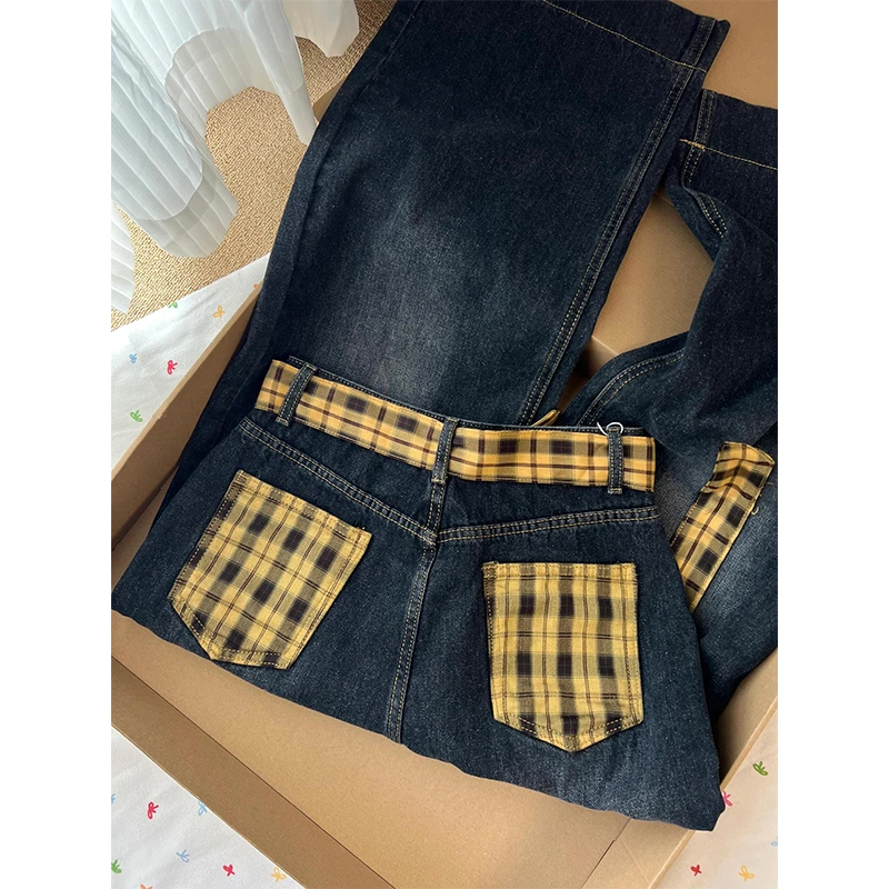 大码设计感黄色格子拼接高腰牛仔裤女夏季新款小众痞帅阔腿镰刀裤