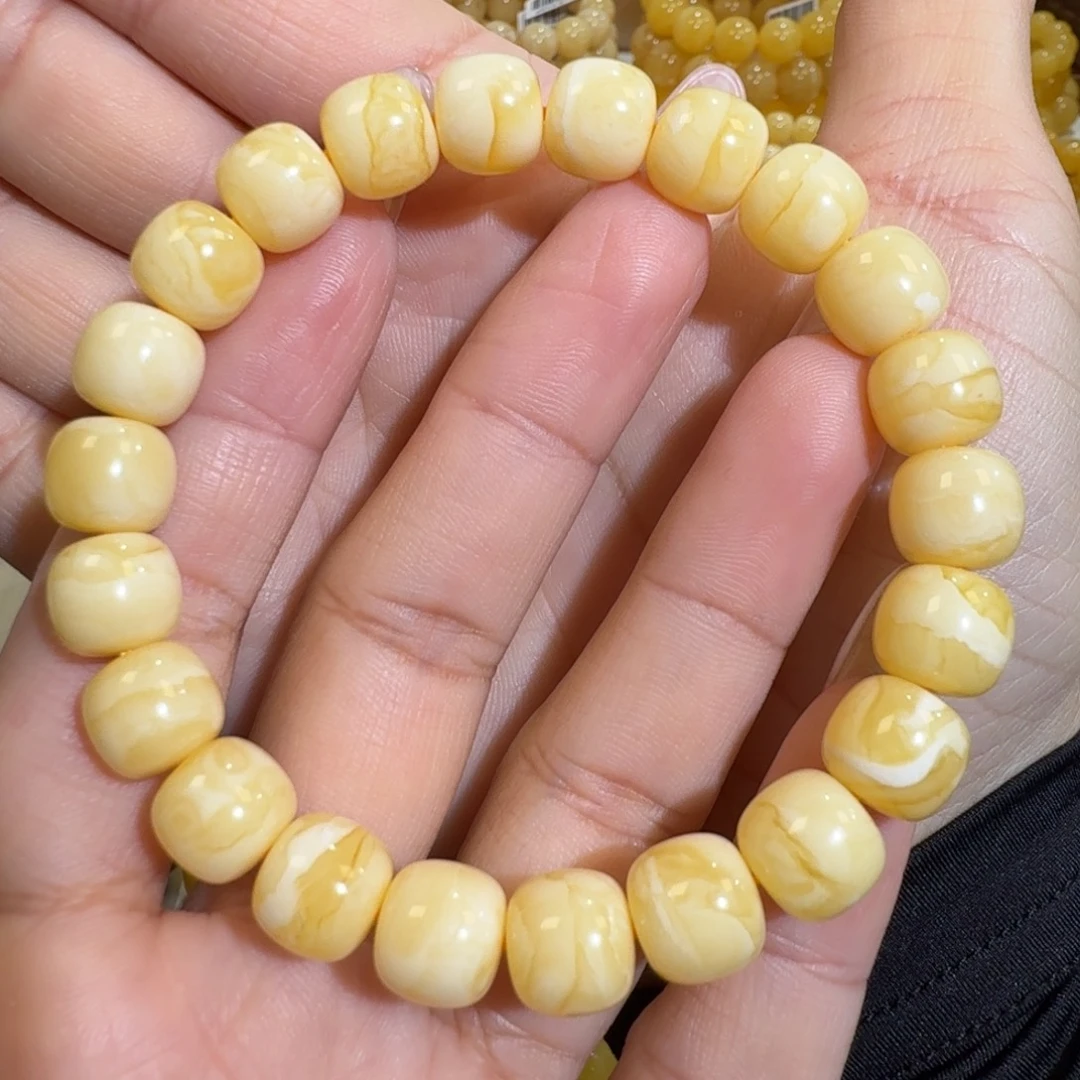 琥珀未镶嵌珠宝奇石10m焦皮同料老型花蜡手串13.5