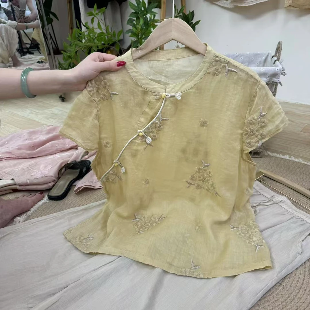 新中式夏季宽松型刺绣立领衬衫古风夏款富家千金风
