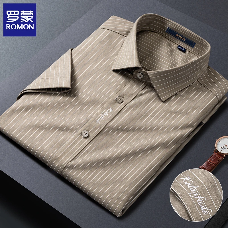 罗蒙夏季薄款竹纤维短袖衬衫男士商务休闲轻奢细条纹刺绣衬衣半袖
