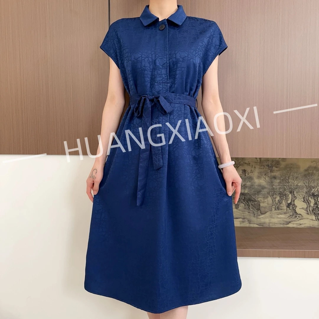 HUANGXIAOXI 宝石蓝重工龟裂纹气质翻领连衣裙ZF-530