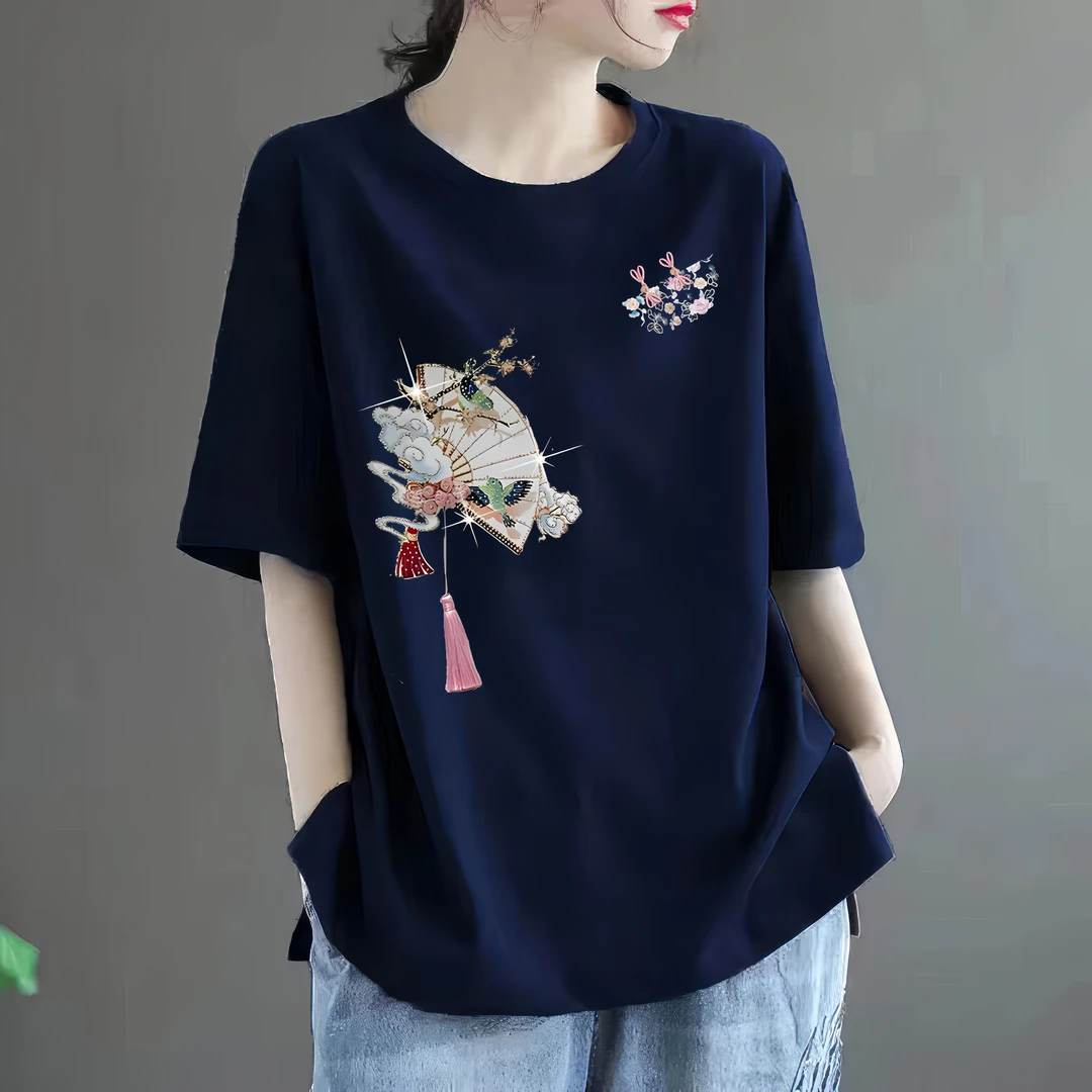 【优质纯棉】%100纯棉短袖T恤女大码200斤宽松显瘦百搭休闲国风时尚