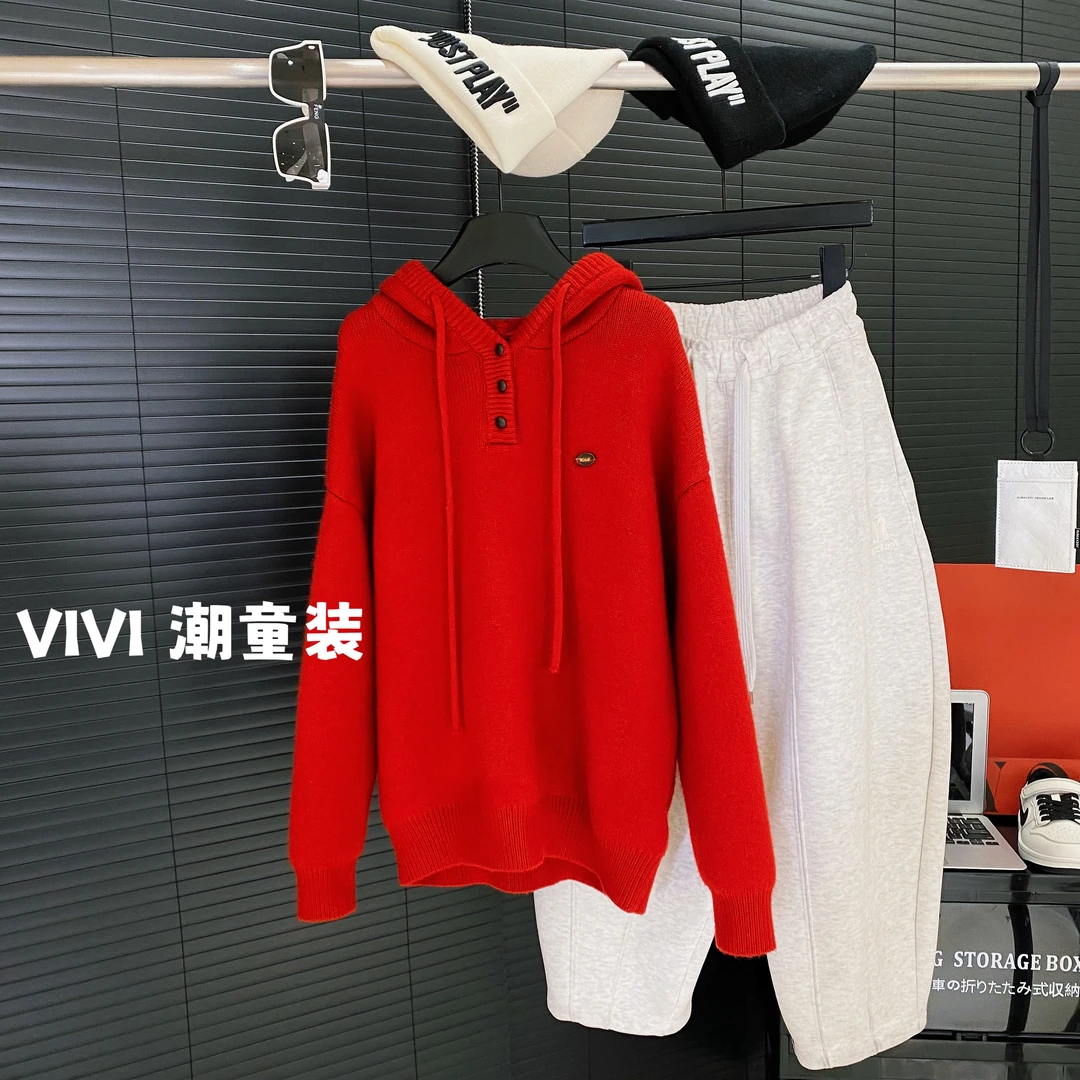 VIVI童装 冬款潮流中大童新年红拜年红柔软厚实保暖显白连帽毛衣