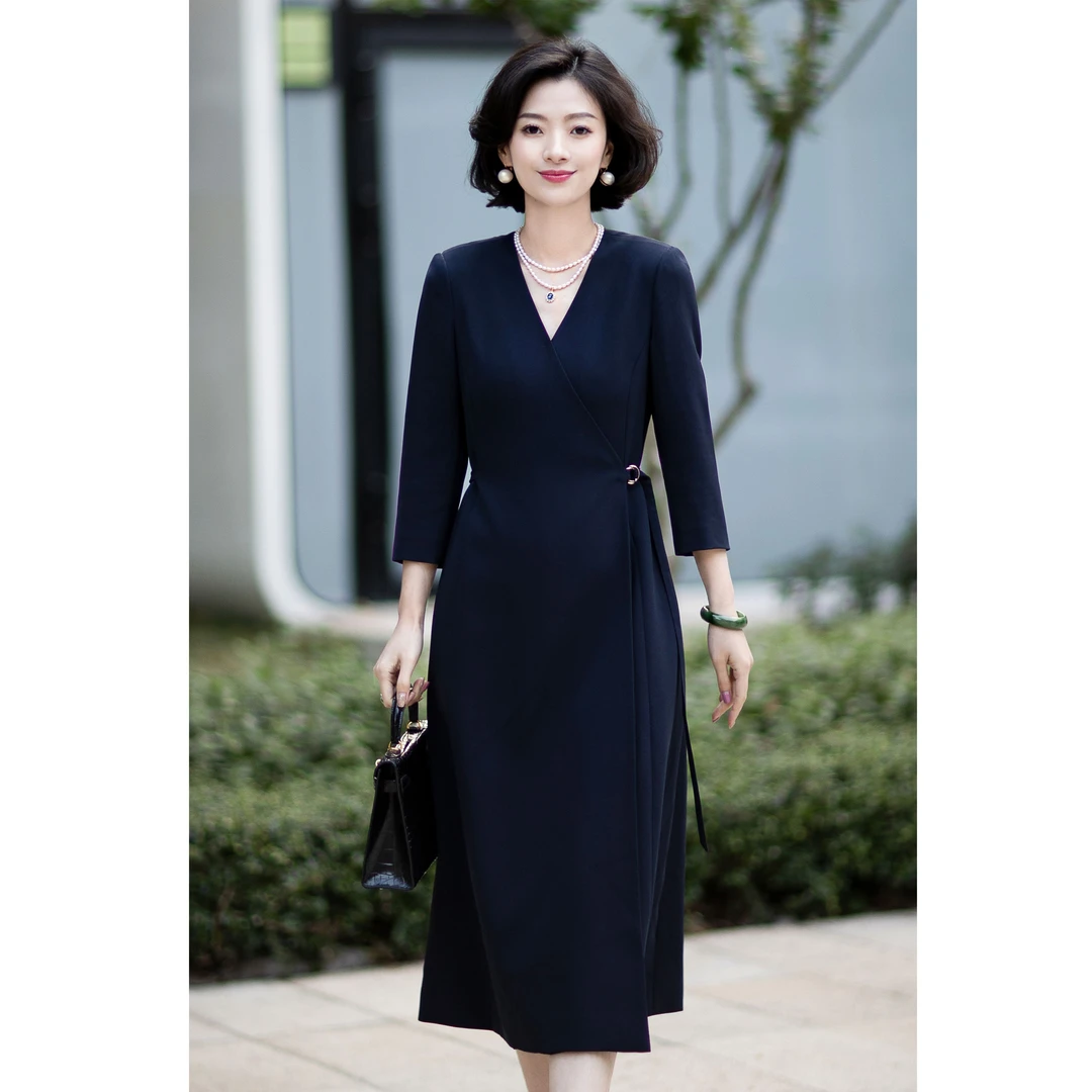 西子/【朗月】醋酸V领不对称交叠设计七分袖风衣连衣裙/CQTJ007