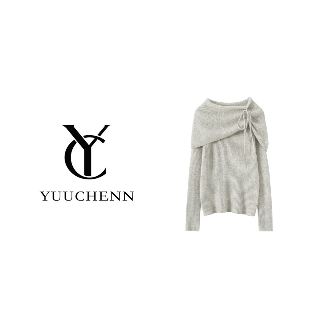 YUUCHENN羊绒一字肩堆堆领抽条5014