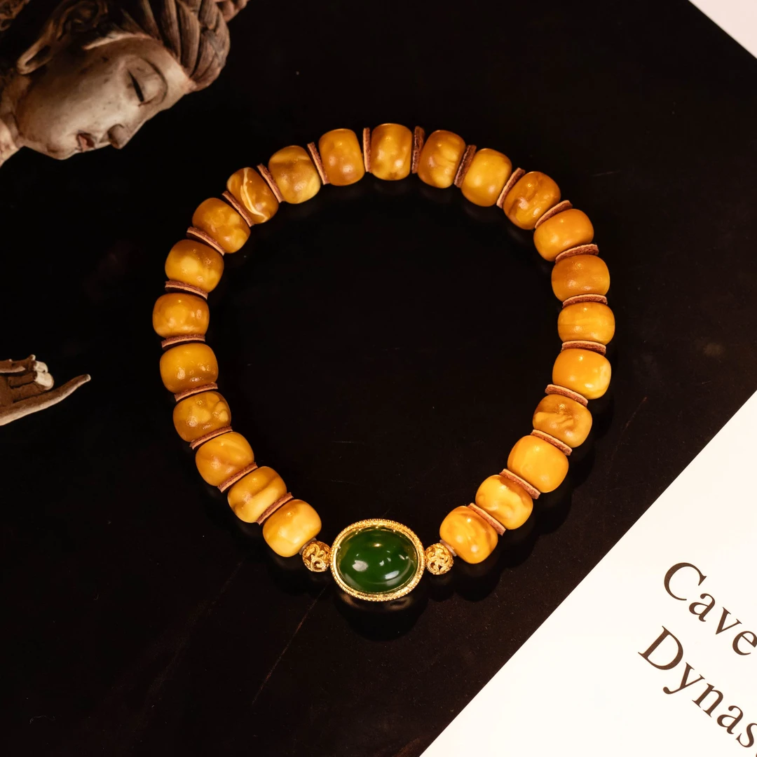 【光辉岁月】天然橘皮纹白花蜜蜡碧玉手串轻奢复古简约气质