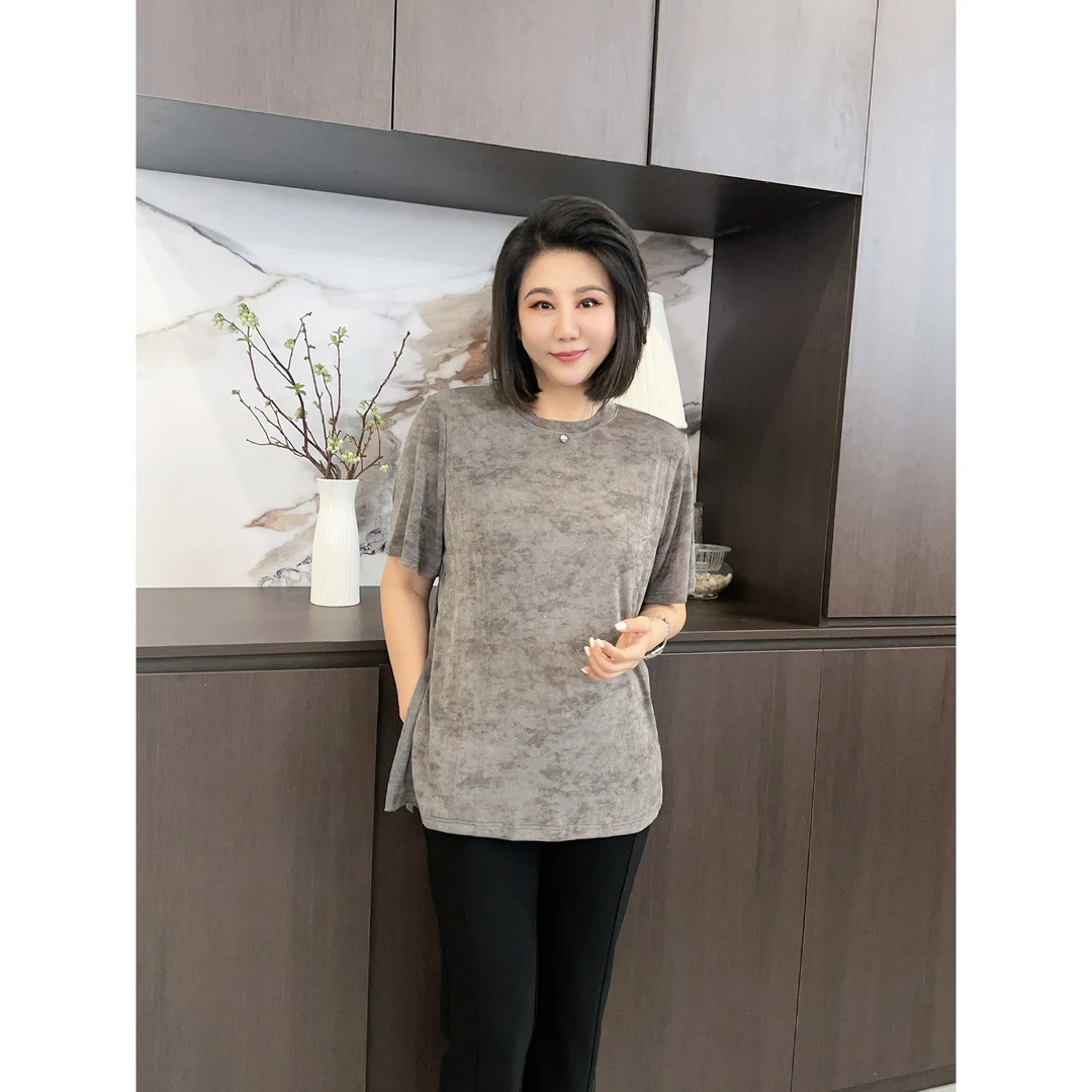 微胖女装【撒银T恤】晕染撒银高开衩半袖T恤高弹力正肩上衣20667