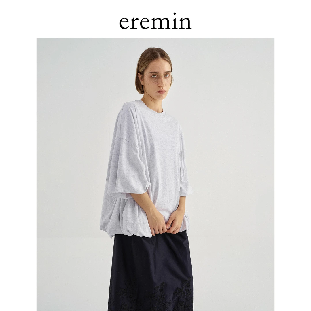 DE Mincollection花苞T/字母贴布泡泡袖伞形慵懒落肩棉质T恤55726