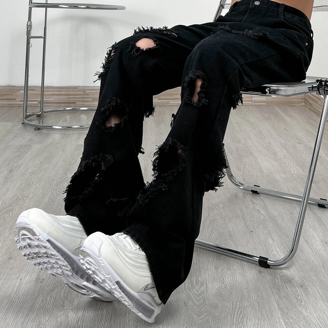 夏季破洞男美式休闲无弹力牛仔裤宽松裤子直筒黑色春秋显瘦高腰