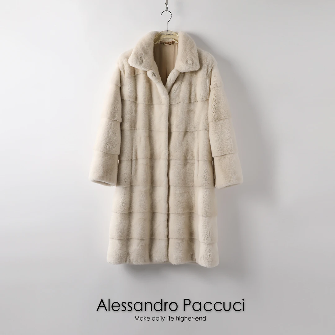 【孤品不退换】洛哥20393横排翻领中长款时尚保暖水貂皮草外套