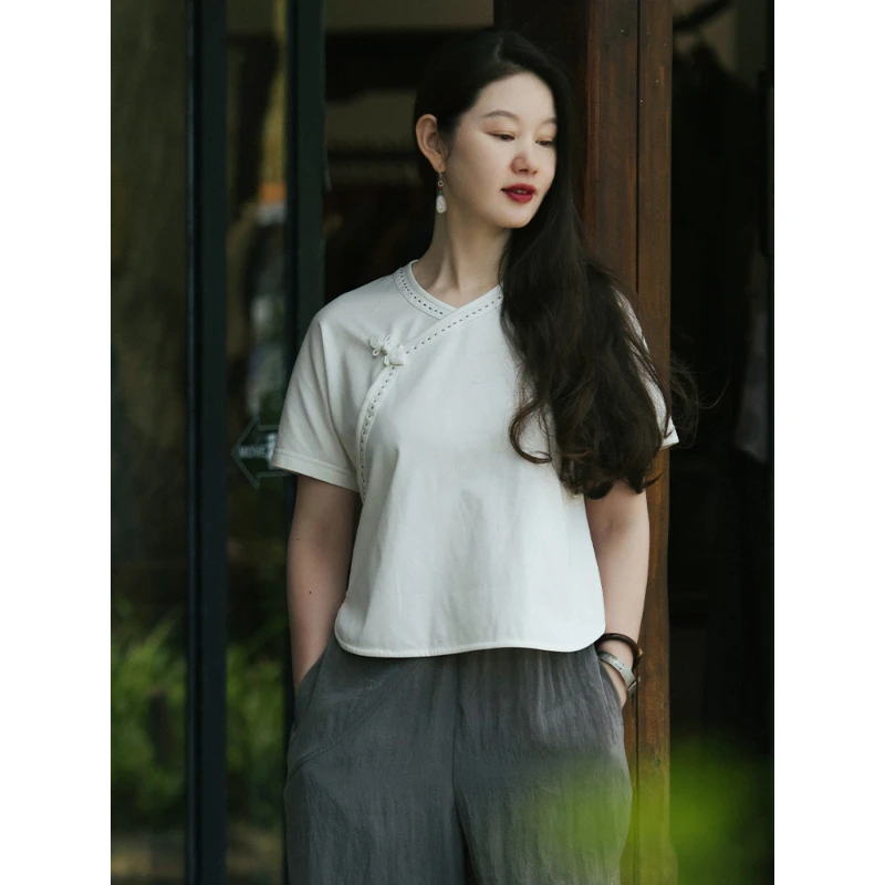 蘭襟【人间草木】针织纯棉盘扣复古新中式上衣女短袖T恤中国风