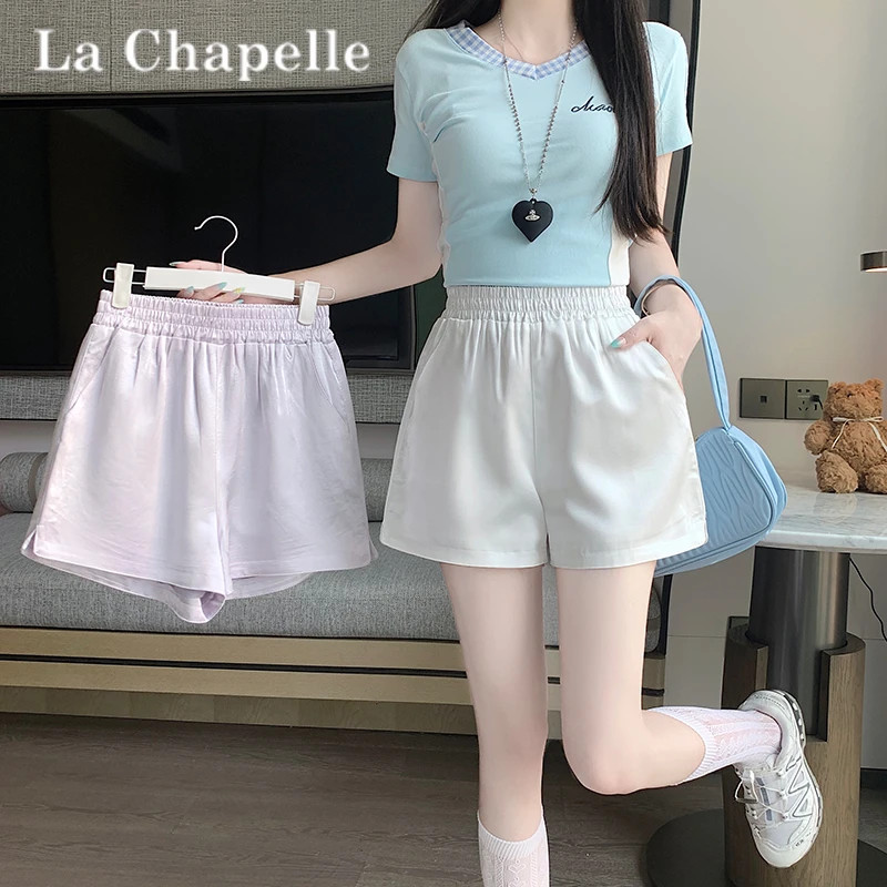 拉夏贝尔醋酸缎面短裤女2025夏季新款高级感百搭高腰松紧腰运动裤