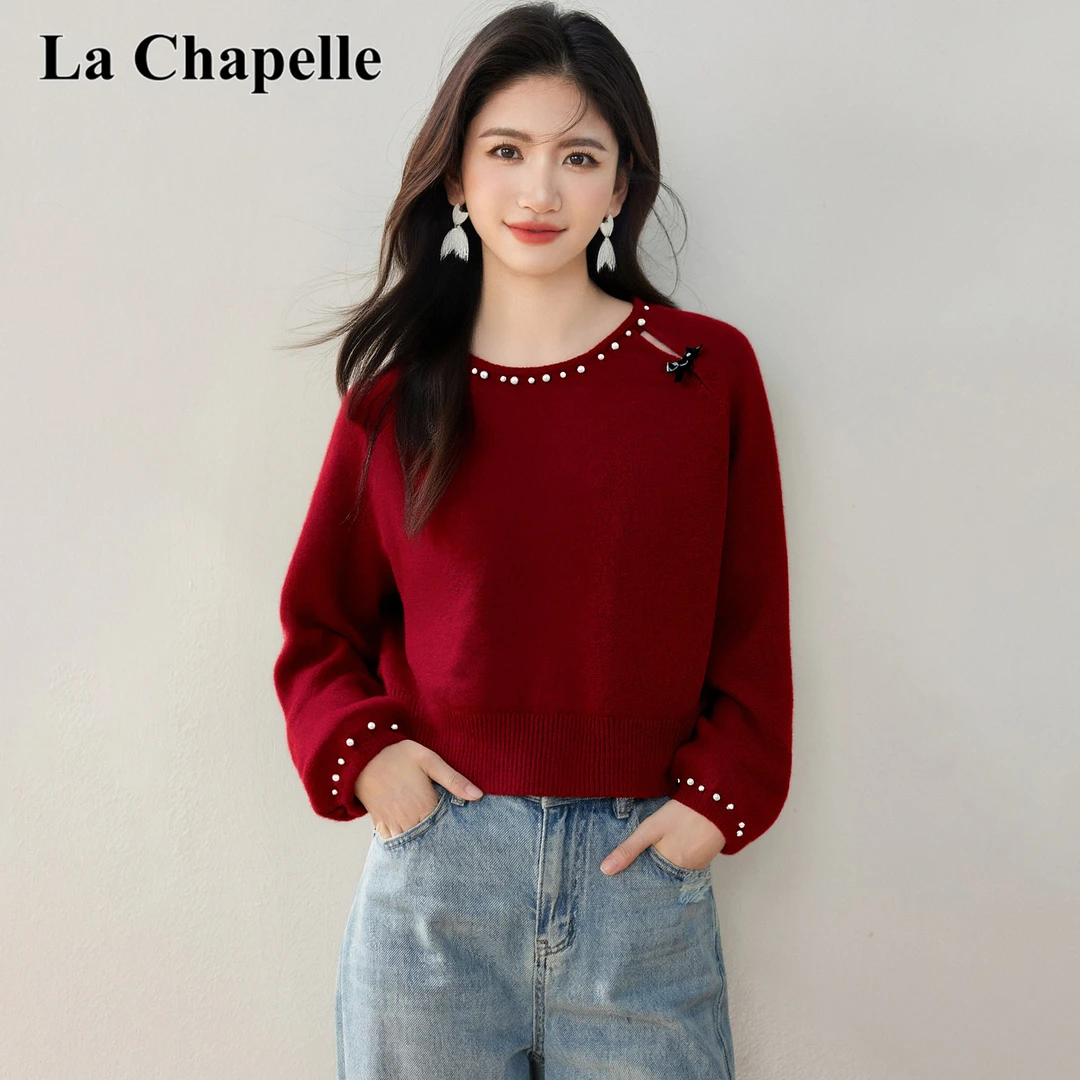 拉夏贝尔红色圆领钉珠针织衫毛衣女秋冬季新款新年百搭打底衫上衣