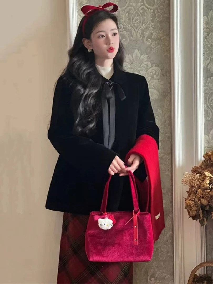 【甜心大码】丝绒娃娃领夹棉蝴蝶结外套氛围红格毛呢半裙套装