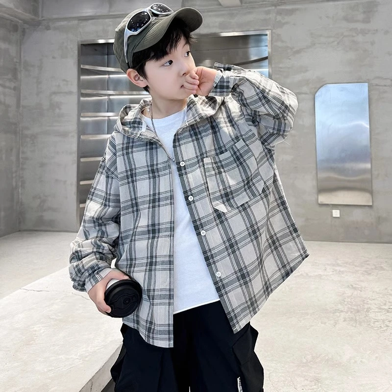 男童秋装衬衫外套2025新款中大童格子男孩春秋款儿童连帽衬衣外套