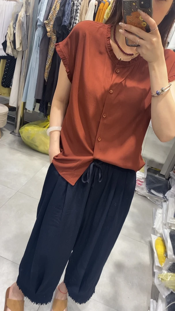 夏季新款木耳边纯色无袖衬衫复古显瘦百搭休闲上衣