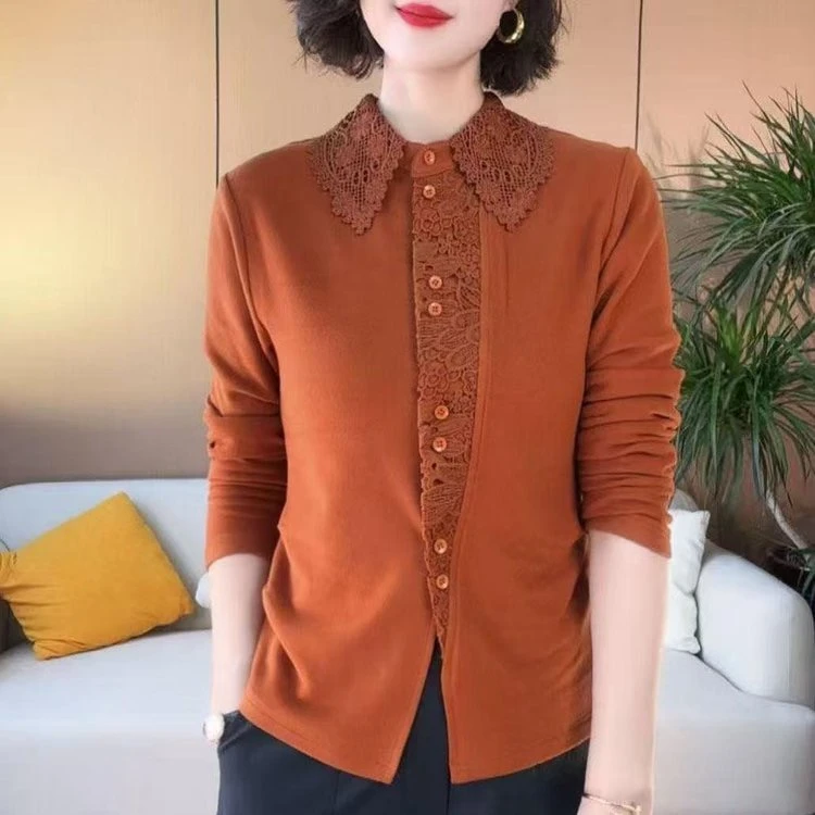 春秋冬衬衣领衬衫蕾丝钩花双面奥绒高级显瘦休闲女士上衣女装925