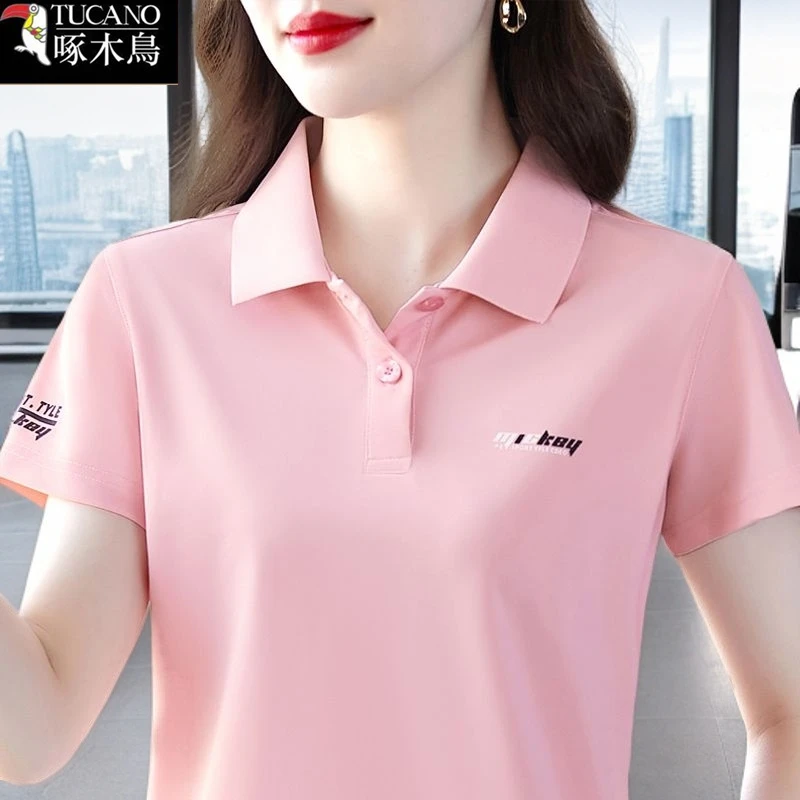 啄木鸟正品纯色印花减龄女装夏季T恤2025年新款短袖纽扣翻领上衣