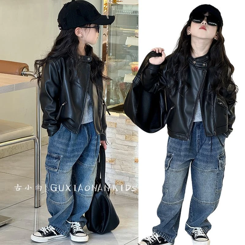 韩国女童皮衣2025春秋男童女童短款洋气长袖皮夹克中大童外套潮