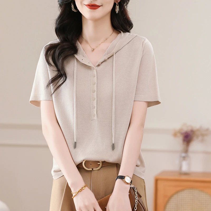 天丝针织衫连帽短袖t恤女士2025年新款帽衫夏季短款卫衣妈妈上衣