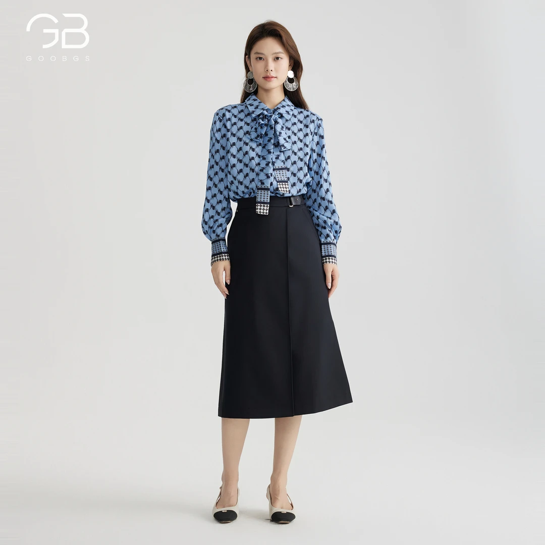 GOOBGS法式复古印花衬衫女2025秋季新款飘带蝴蝶结长袖G4111580