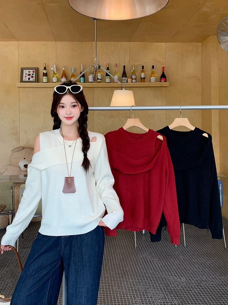 2025新款大码镂空拼接纯欲风女宽松毛针织衫显瘦圆领正肩百搭毛衣